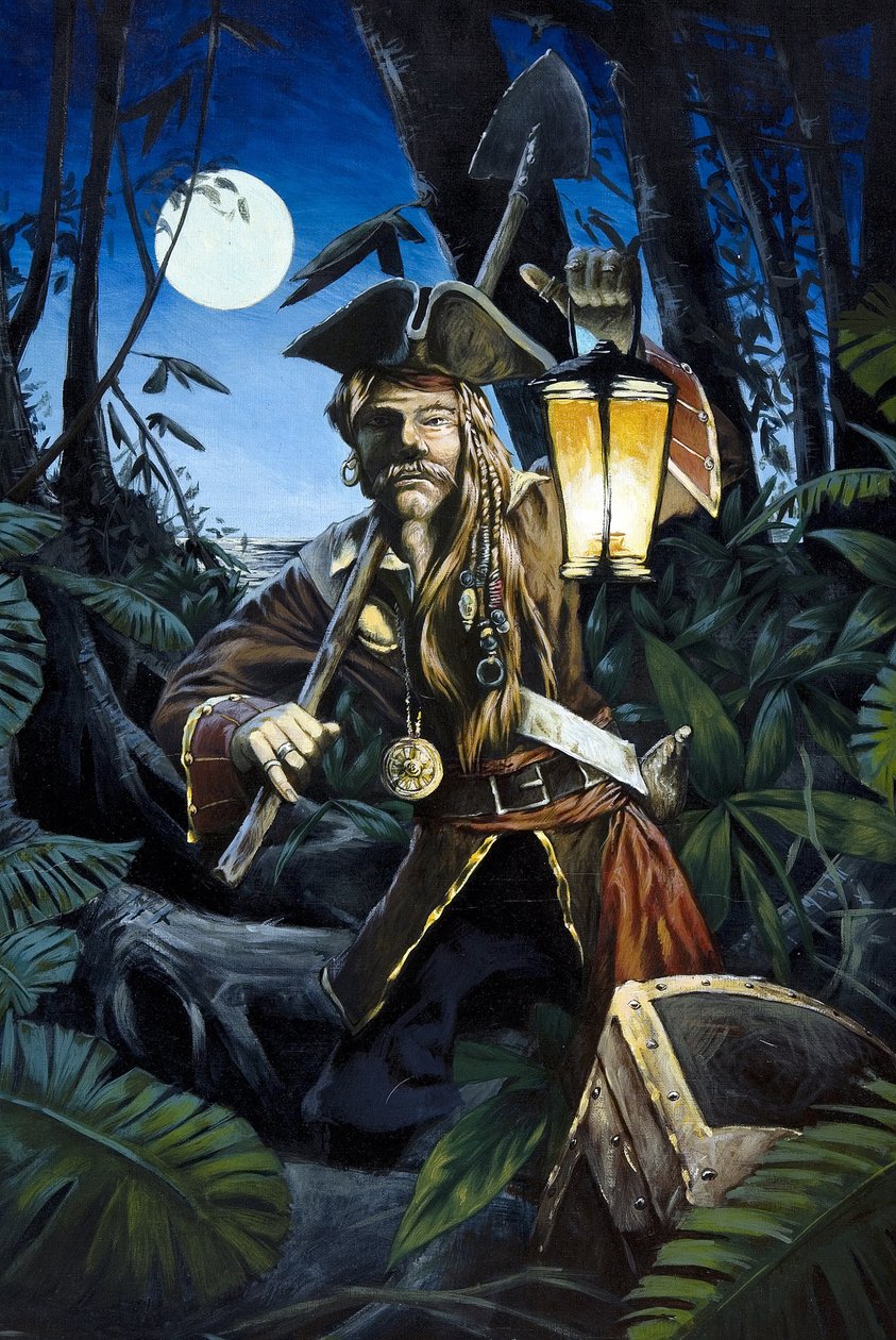 Pirate of the Caribbean med lykt, om natten, gjemmer skatten sin i skogen på en øy. Fargetegning av Alessandro Lonati. av Alessandro Lonati