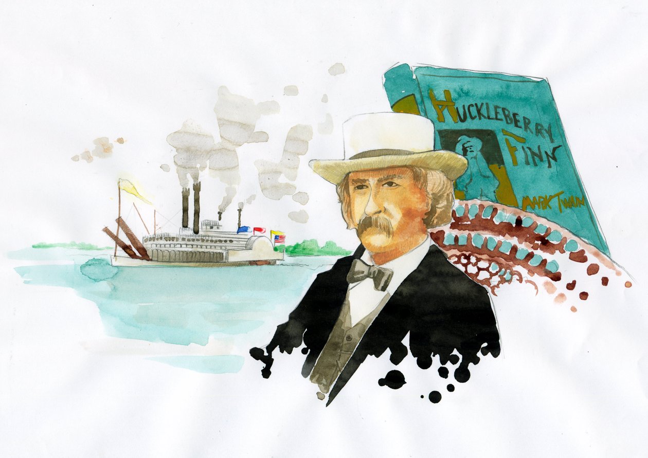 Portrett av den amerikanske forfatteren Mark Twain (1835-1910) (Portrett av den amerikanske forfatteren Mark Twain) Illustrasjon av Alessandro Lonati av Alessandro Lonati