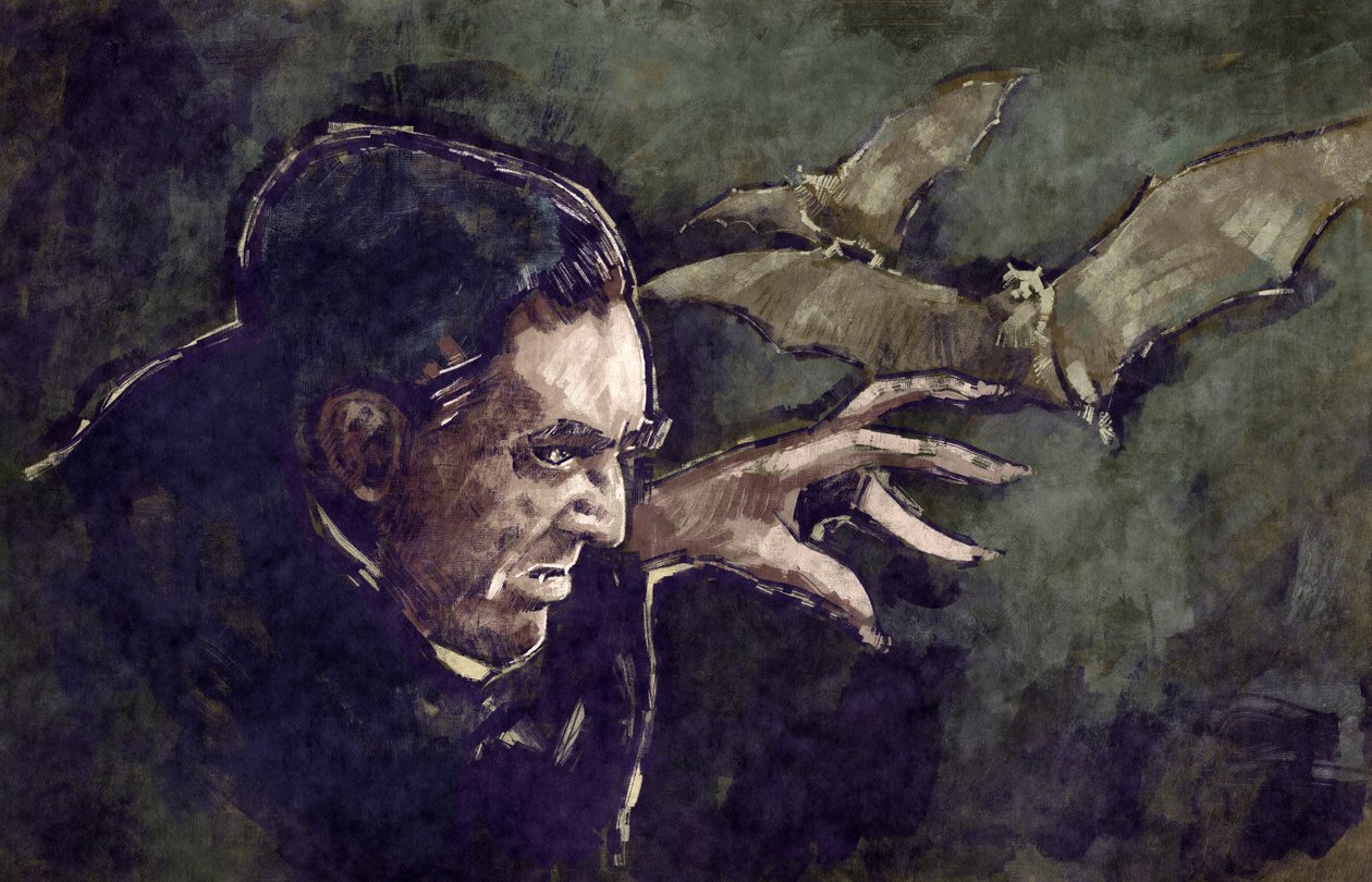 Portrett av den ungarske skuespilleren Bela Lugosi som grev Dracula (illustrasjon) av Alessandro Lonati