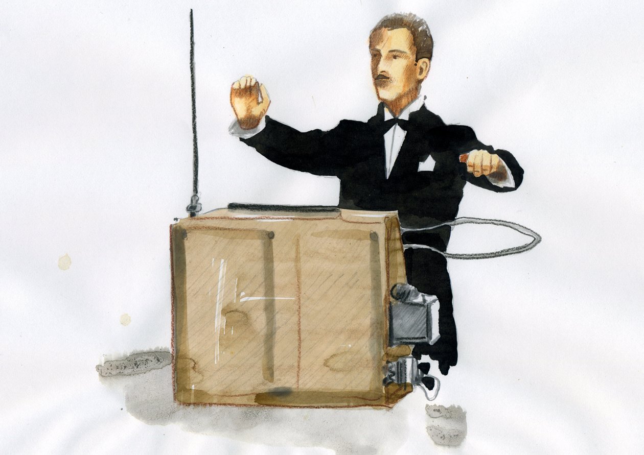 Portrett av Lev Sergeyevich Termen (Leon Theremine) (1896-1993) oppfinner av theremine, første elektroniske musikkinstrument (Portrett av Leon Theremin) av Alessandro Lonati