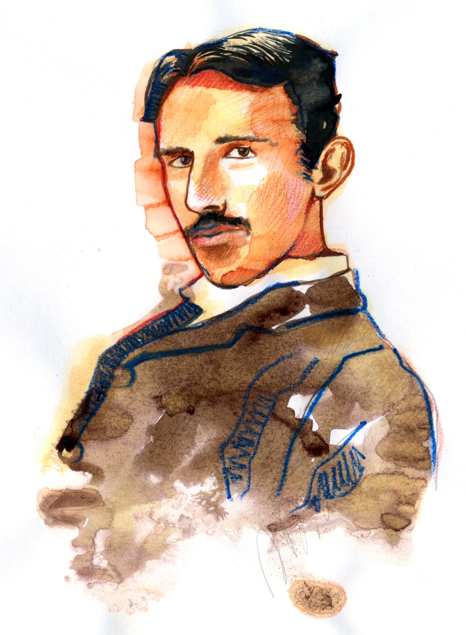 Portrett av Nikola Tesla amerikansk oppfinner og ingeniør av serbisk opprinnelse (Portrett av serbisk amerikanske Nikola Tesla-oppfinner, elektroingeniør, maskiningeniør, fysiker) av Alessandro Lonati