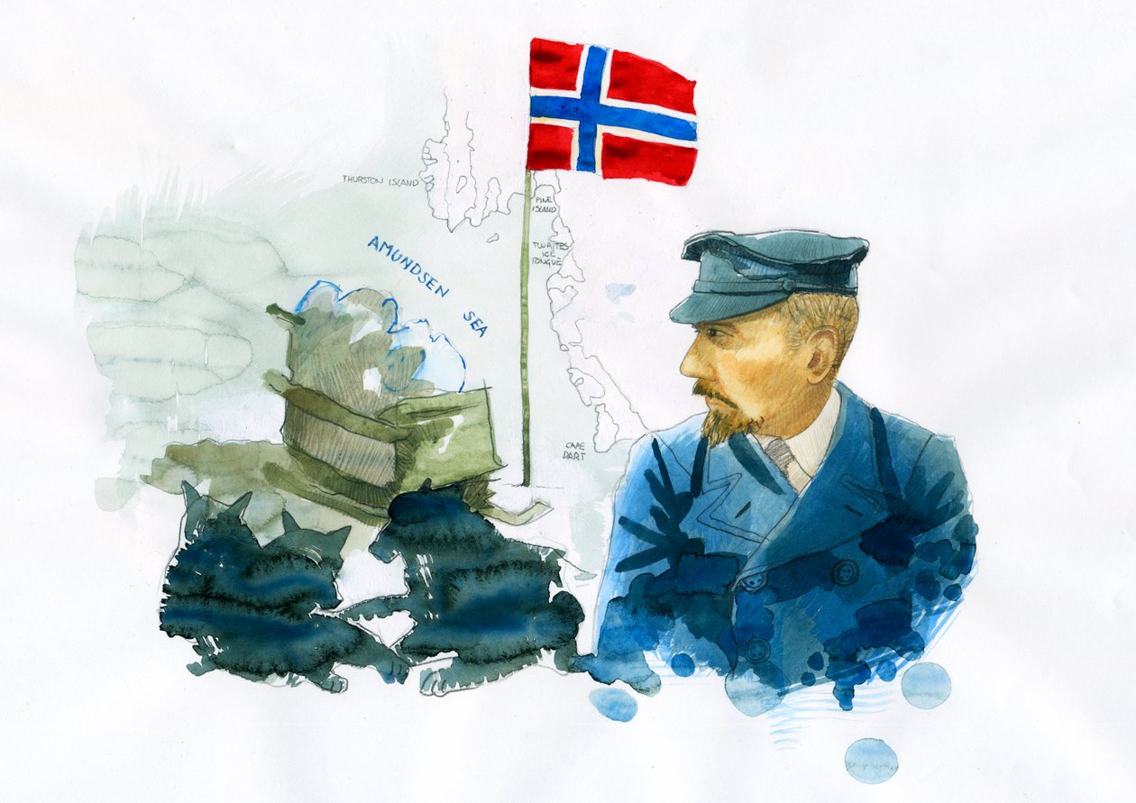 Portrett av norsk sjømann og oppdagelsesreisende Roald Amundsen (1872-1928) (Portrett av norsk oppdagelsesreisende i polarområdene Roald Amundsen) Illustrasjon av Alessandro Lonati av Alessandro Lonati