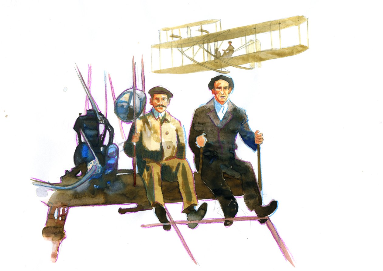 Portrett av Orville (1871-1948) og Wilbur Wright (1867-1912) amerikanske pionerer innen luftfart (Wright-brødre, Orville og wilbur amerikanske brødre, oppfinnere og luftfartspionerer) av Alessandro Lonati
