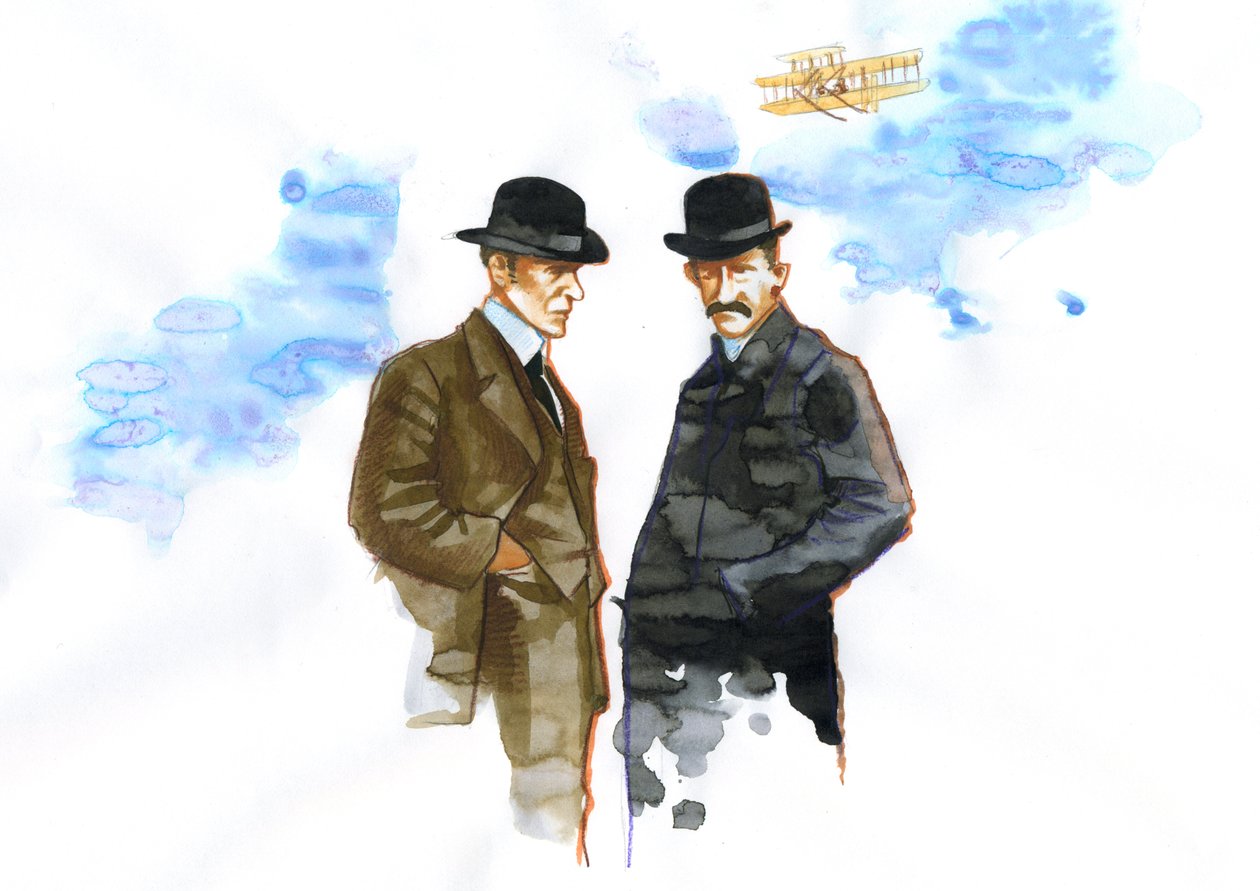 Portrett av Orville (1871-1948) og Wilbur Wright (1867-1912) amerikanske pionerer innen luftfart (Wright-brødre, Orville og wilbur amerikanske brødre, oppfinnere og luftfartspionerer) av Alessandro Lonati