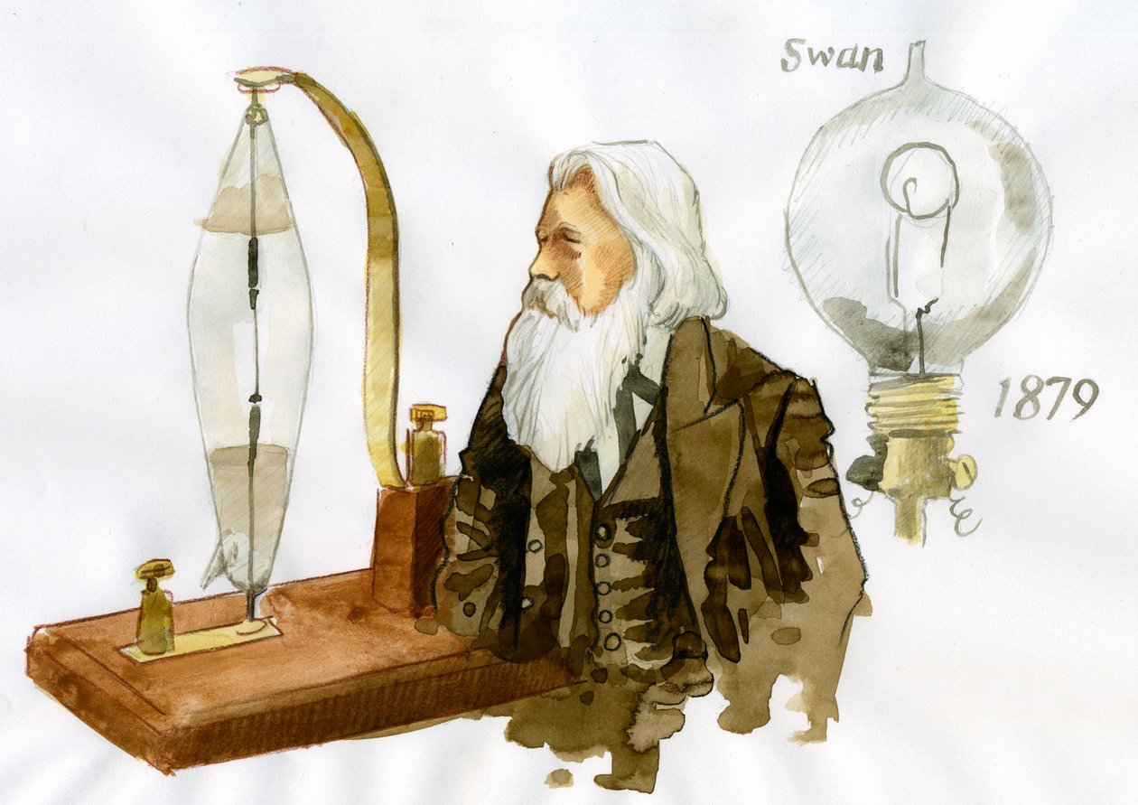 Portrett av Sir Joseph Wilson Swan (1828-1914) britisk elektriker og kjemiker (Portrett av den britiske fysikeren og kjemikeren Joseph Swan) av Alessandro Lonati