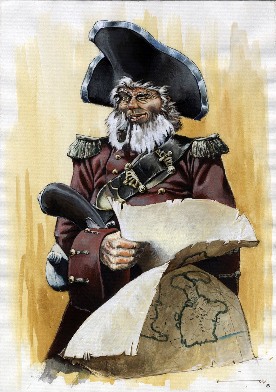 Portrett av en pirat (privatmann) eller sjømann iført en tricorn med et kart over skattmesteren i hendene. Fargetegning av Alessandro Lonati. av Alessandro Lonati