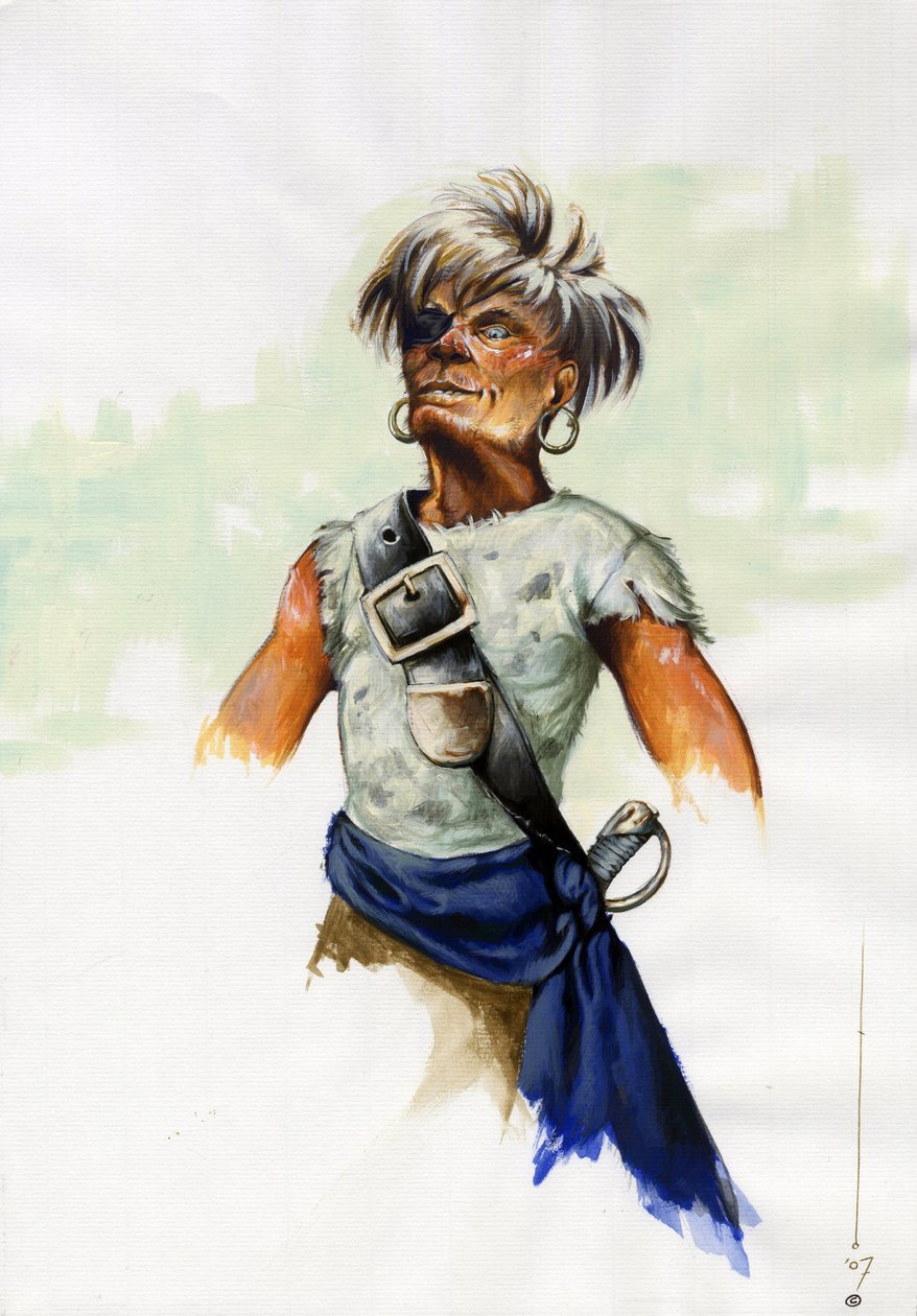 Portrett av en pirat (privat) eller sjømann med bind for øynene (enøyd). Fargetegning av Alessandro Lonati. av Alessandro Lonati