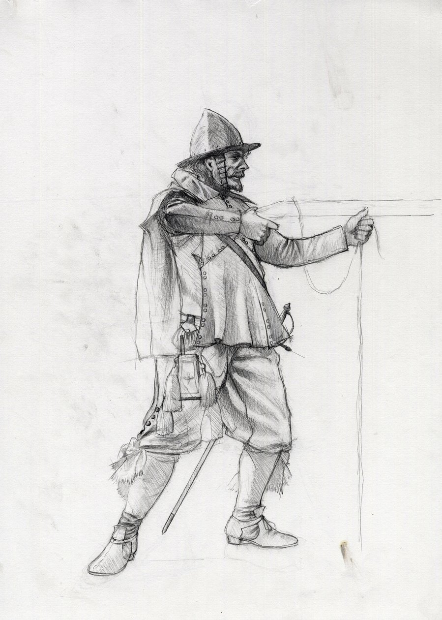 Portrett av en fartøyssoldat fra 1600-tallet som setter seg selv i skyteposisjon. Tegning av Alessandro Lonati. av Alessandro Lonati