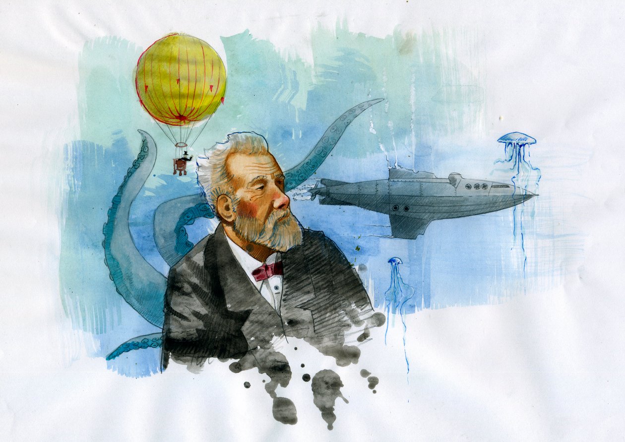 Portrett av den franske forfatteren Jules Verne (1828-1905) (Portrett av den franske forfatteren Jules Verne) Illustrasjon av Alessandro Lonati av Alessandro Lonati