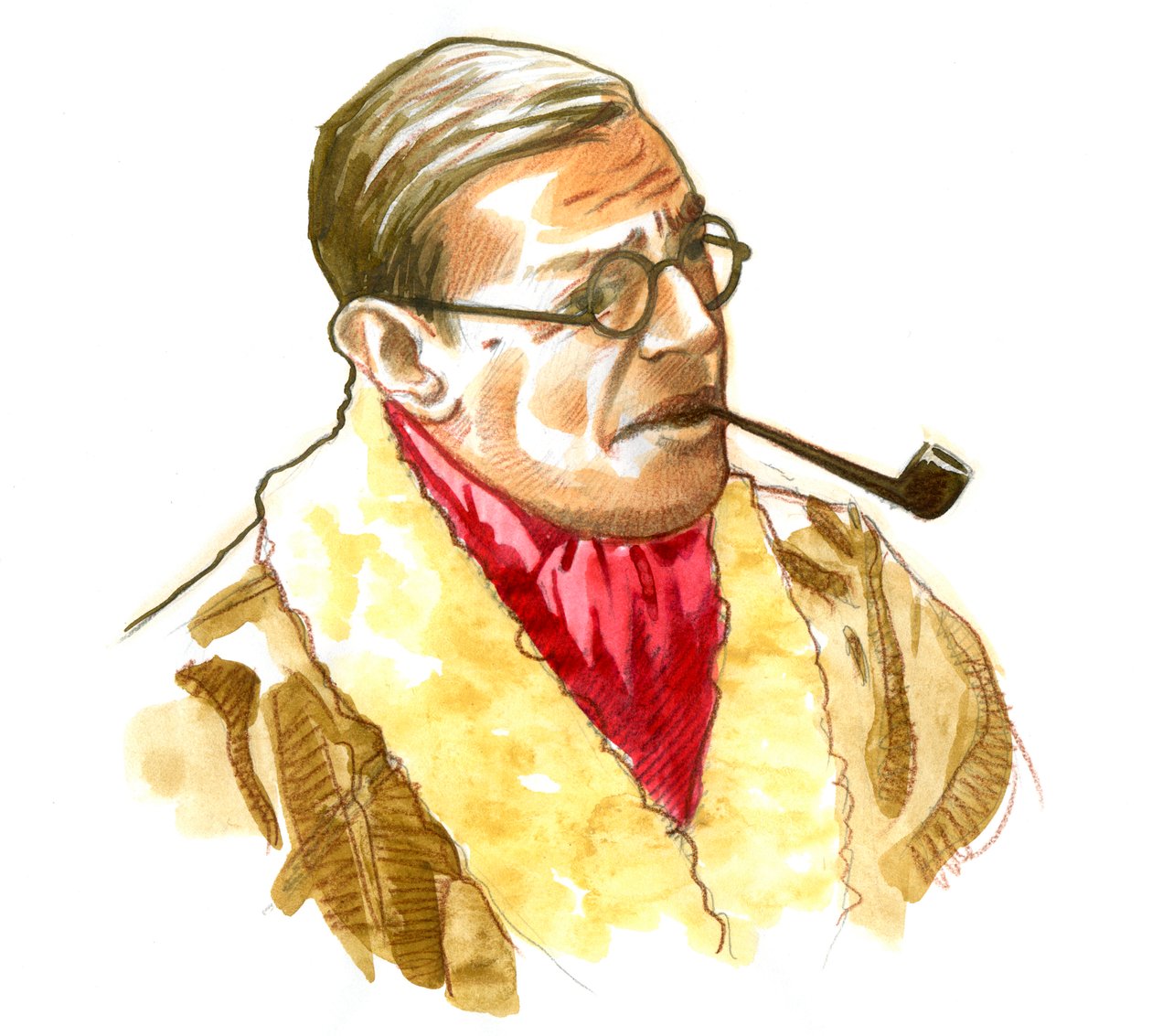 Portrett av den franske forfatteren, filosofen og dramatikeren Jean-Paul (Jean Paul) Sartre Tegning av Alessandro Lonati