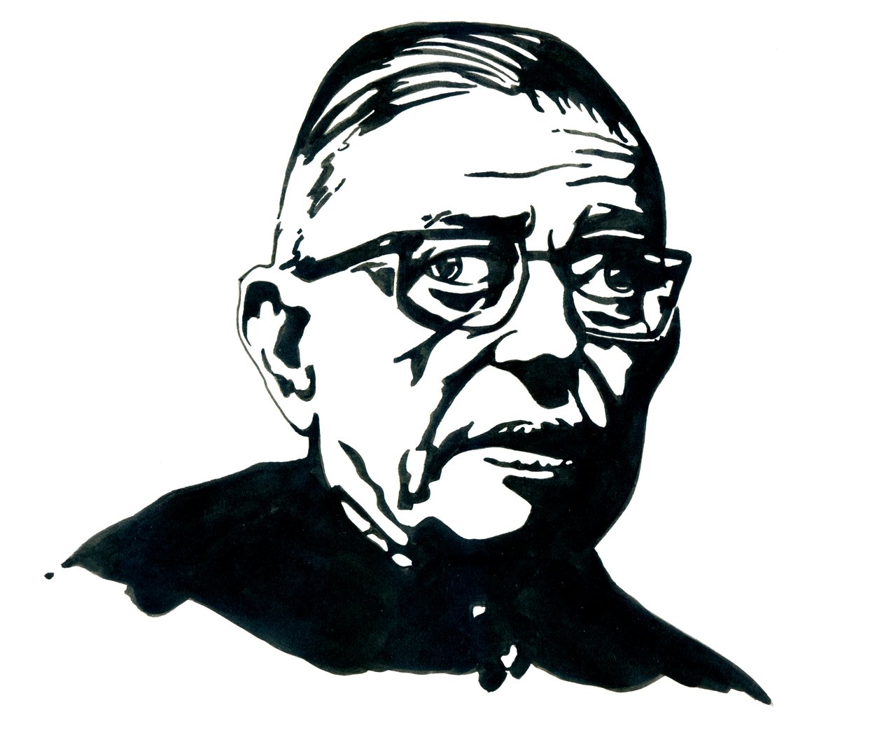 Portrett av den franske forfatteren, filosofen og dramatikeren Jean-Paul (Jean Paul) Sartre Tegning av Alessandro Lonati