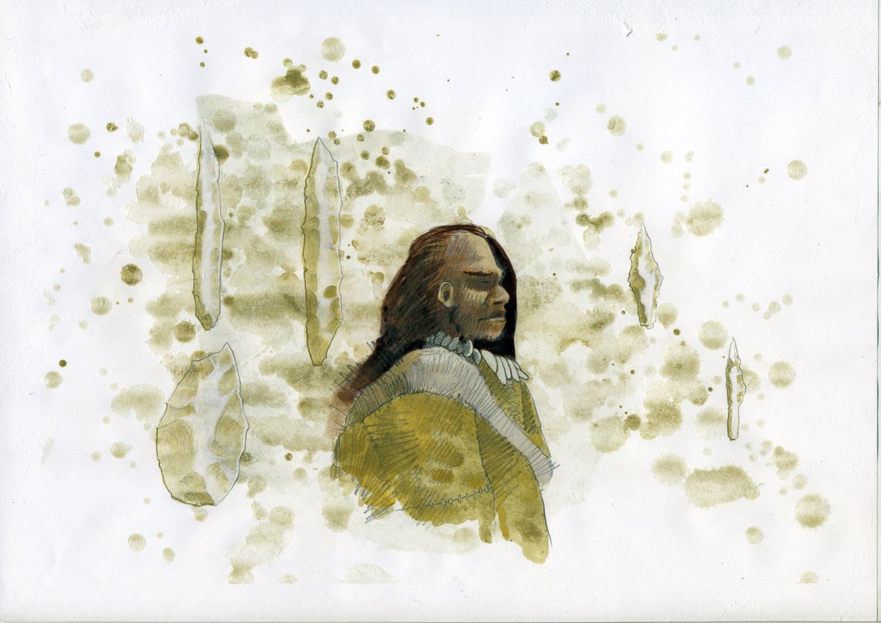 Forhistorie: Neandertalermann med flintverktøy Illustrasjon av Alessandro Lonati av Alessandro Lonati