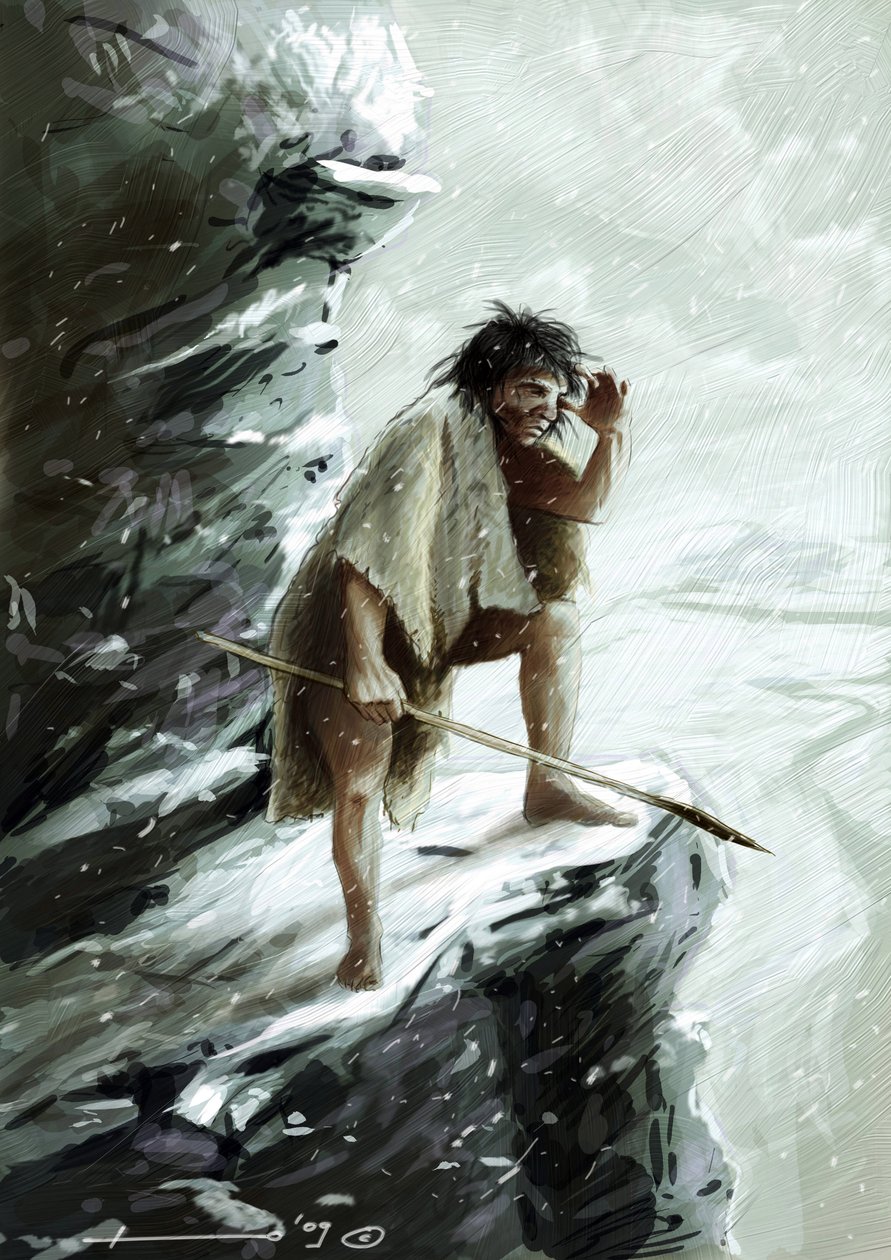 Forhistorie: en mann fra neandertaler (neandertaler eller neandertaler: Homo sapiens), under snøen, abbor på en stein ser ut i horisonten. Tegning av Alessandro Lonati av Alessandro Lonati