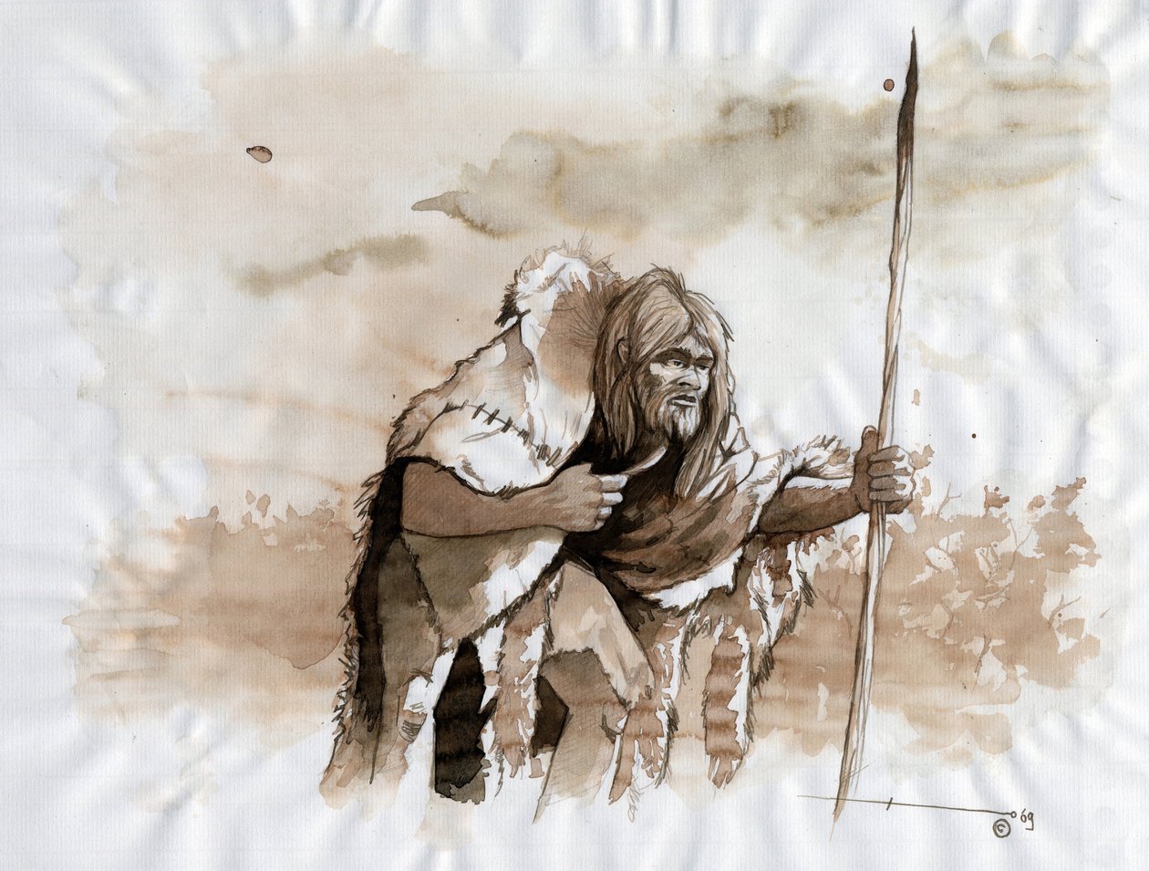 Forhistorie: representasjon av en neandertaler eller neandertalermann i midtpaleolitikum. Tegning av Alessandro Lonati av Alessandro Lonati