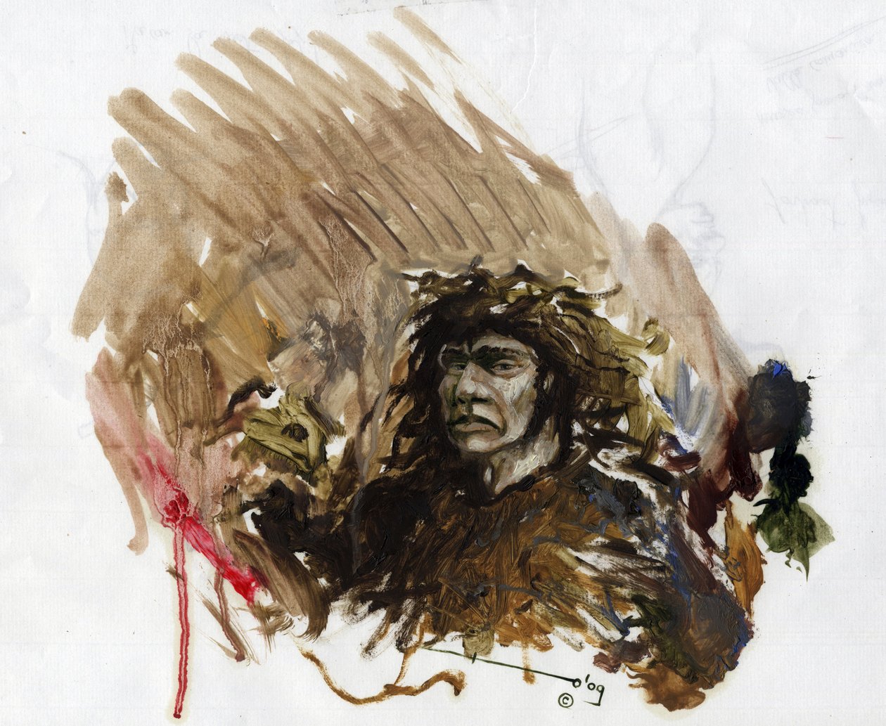 Forhistorie: representasjon av en neandertaler eller neandertalermann i midtpaleolitikum. Tegning av Alessandro Lonati av Alessandro Lonati