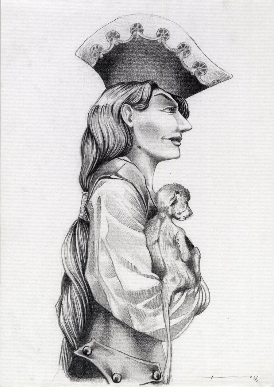 Profilportrett av en piratkvinne fra Karibia (privat), med en liten ape i armene. Tegning av Alessandro Lonati. av Alessandro Lonati