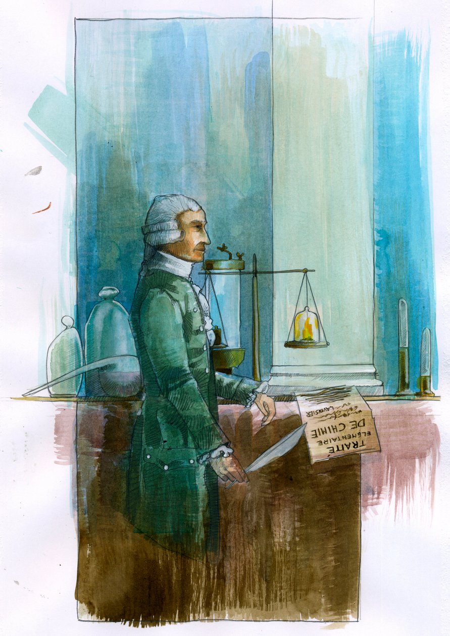 Representasjon av Antoine Lavoisier (1743-1794) fransk kjemiker, filosof og økonom (Portrett av den franske adelsmannen og kjemikeren Antoine Lavoisier) Illustrasjon av Alessandro Lonati av Alessandro Lonati