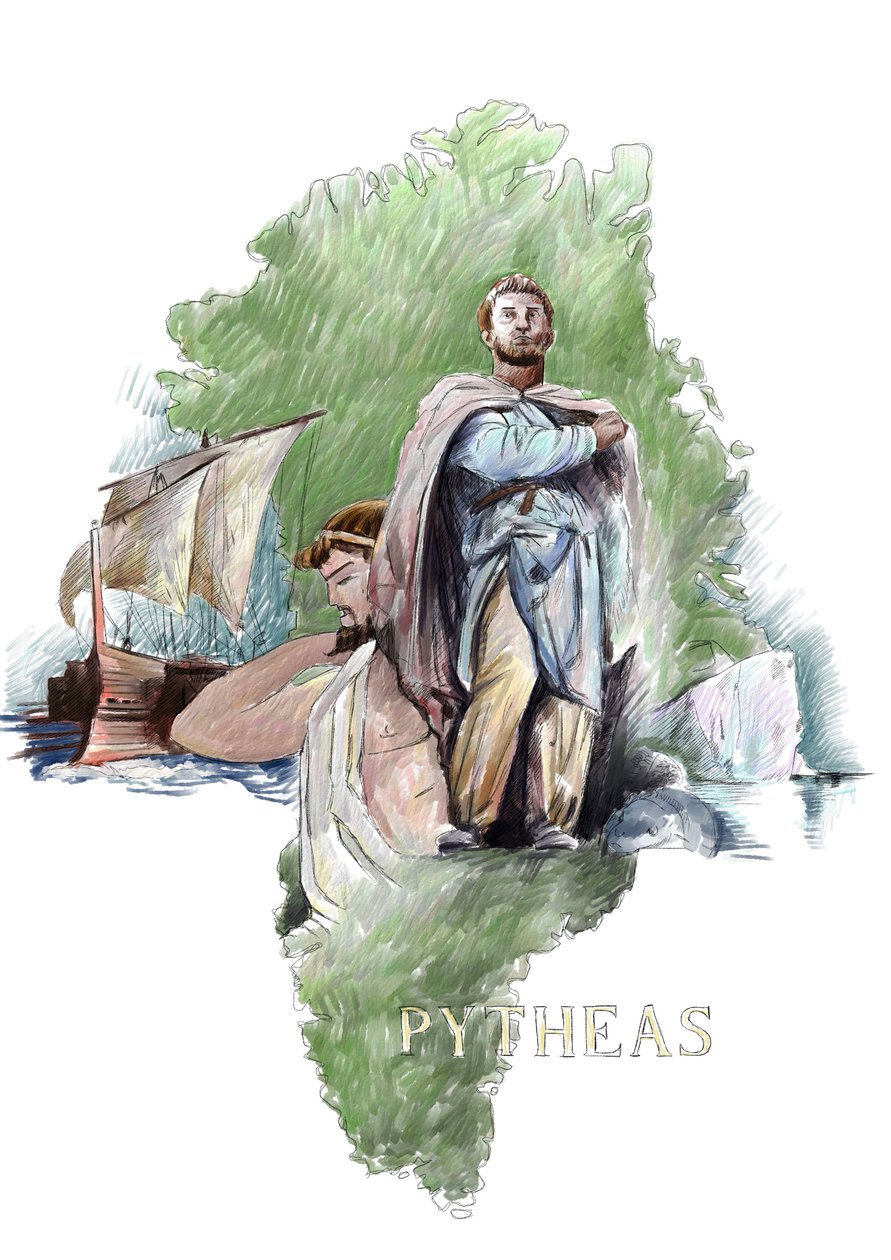 Representasjon av Pytheas greske oppdagelsesreisende fra Massalia, 4. århundre f.Kr. (Portrett av Pytheas of Massalia gresk geograf og oppdagelsesreisende, 4. århundre f.Kr.) Illustrasjon av Alessandro Lonati av Alessandro Lonati
