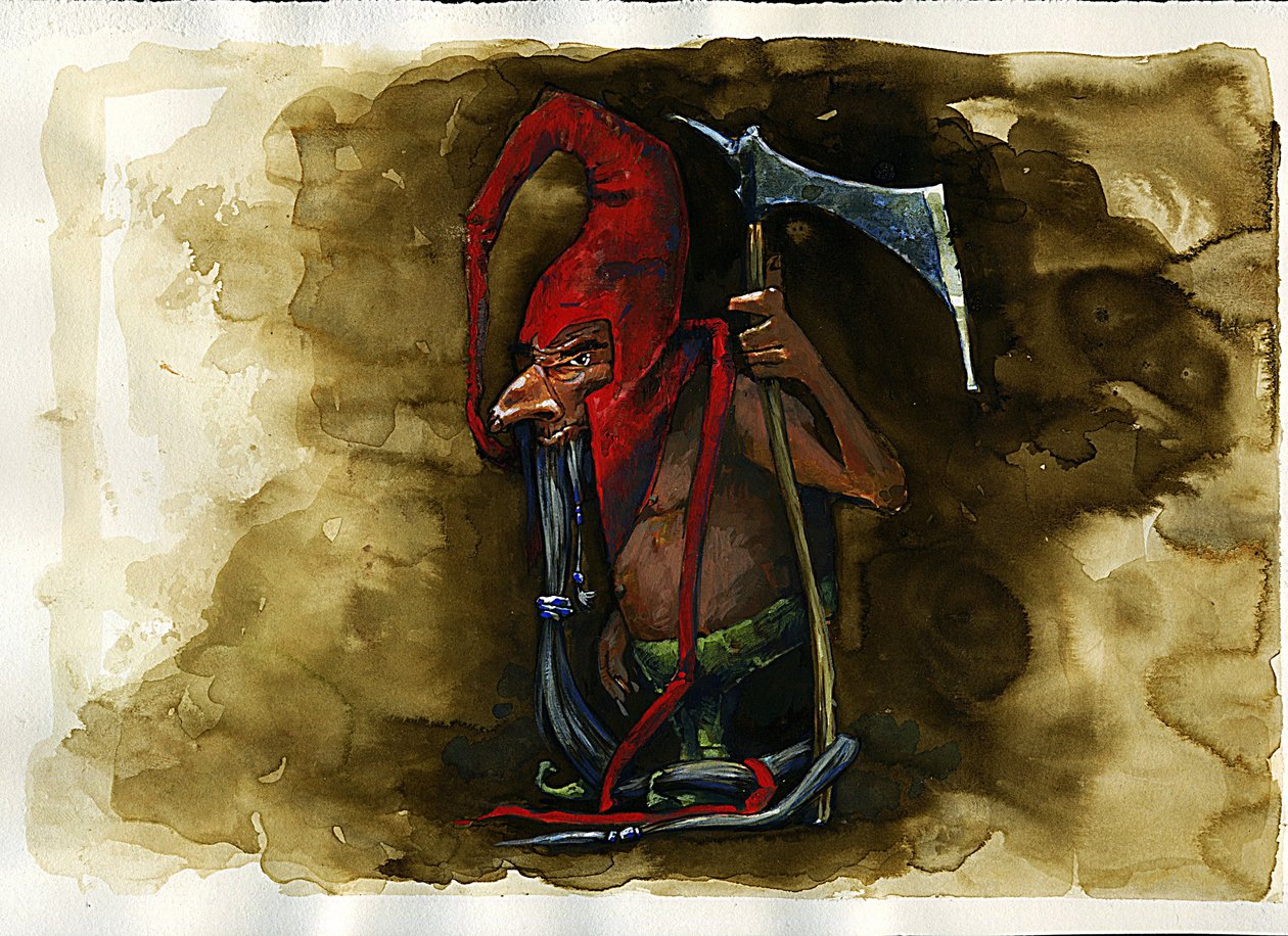 Representasjon av en Red Cap (Red Cap, Powrie eller Dunter, Red-Bonnet) legendarisk ondsinnet skapning fra Goblin-familien fra britisk folklore - (redcap, ondsinnet morderisk dverg, goblin, alv eller fe funnet i Border Folklore) Illustrasjon av Alessandro  av Alessandro Lonati