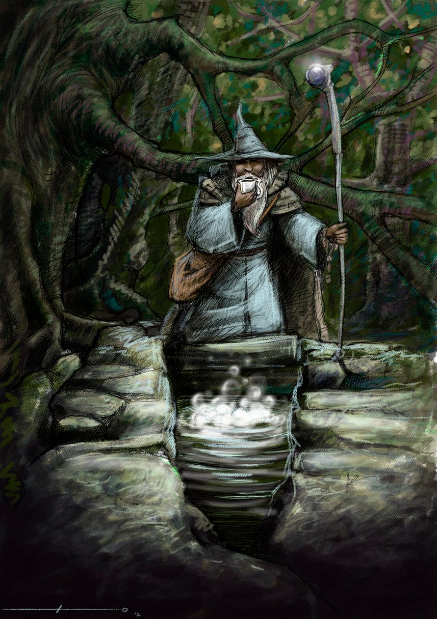 Representasjon av en druide som drikker ved den fantastiske fontenen Barenton, i skogen Broceliande - Illustrasjon av Alessandro Lonati - 2012 - av Alessandro Lonati