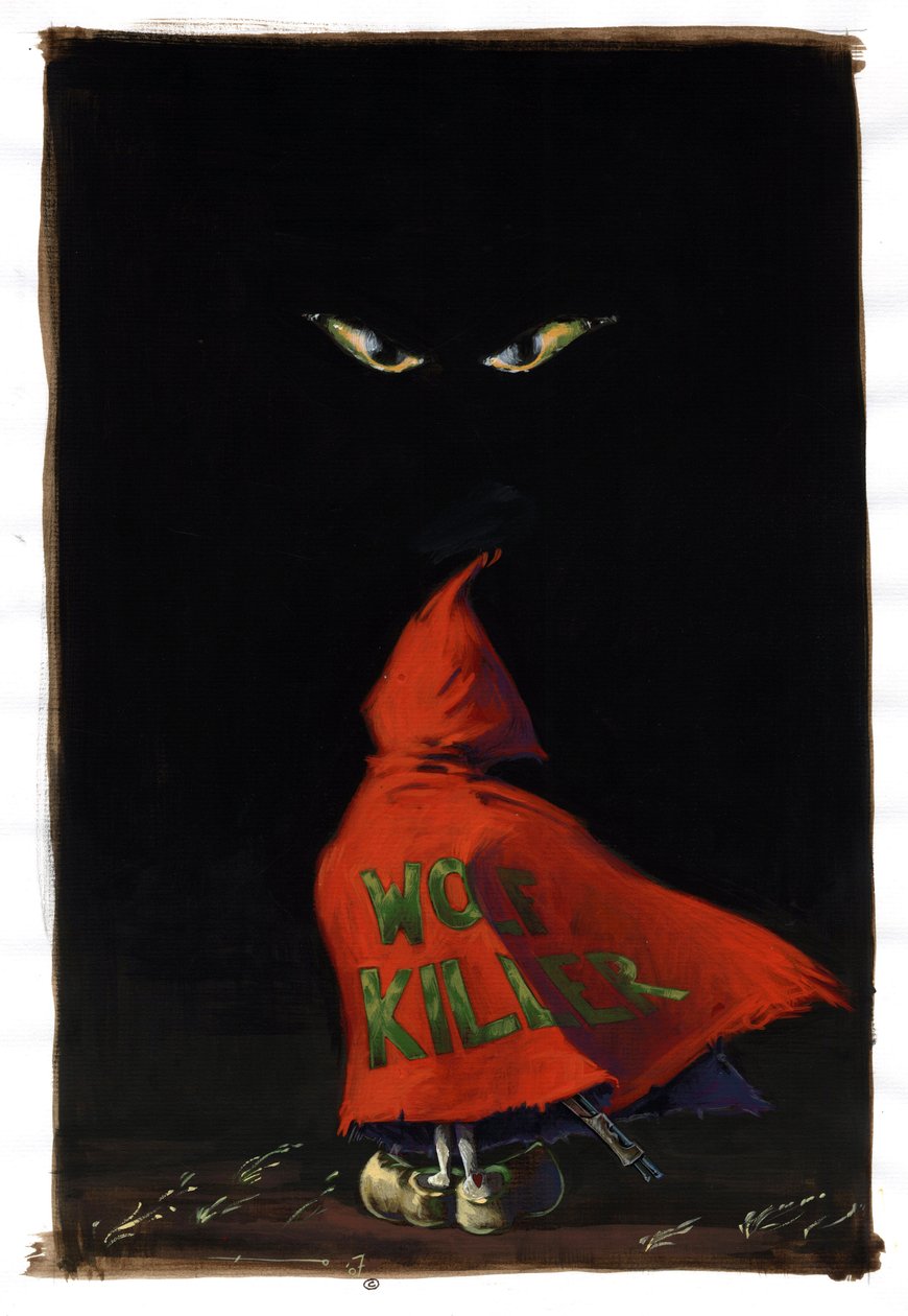 Revisited Little Red Riding Hood av Charles Perrault (1628-1703): Rødhetten vender mot øynene til ulven i mørket med en hagle gjemt under den røde frakken hans «Wolf Killer»». Tegning av Alessandro Lonati av Alessandro Lonati