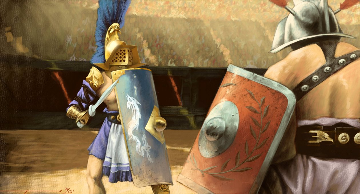 Romersk kunst: duell av gladiatorer mellom en mirmillo-gladiator (til venstre) og en thrace i et amfiteater. Tegning av Alessandro Lonati av Alessandro Lonati