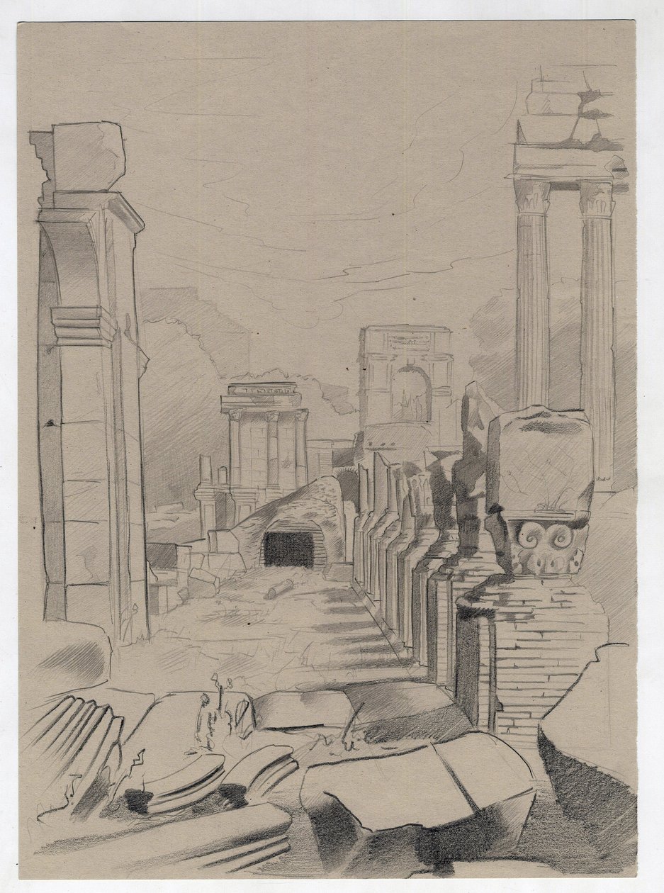Ruiner av romertiden i Roma, Forum (foro romano) Tegning av Alessandro Lonati. av Alessandro Lonati