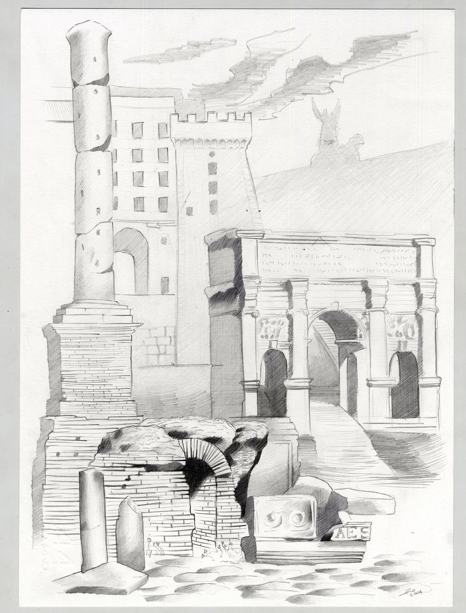 Ruiner av romertiden i Roma, Forum (foro romano) Tegning av Alessandro Lonati. av Alessandro Lonati