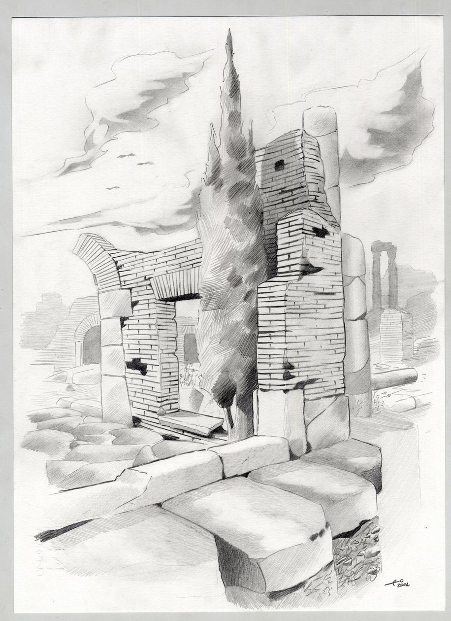 Ruiner av romertiden i Roma, Forum (foro romano) Tegning av Alessandro Lonati. av Alessandro Lonati