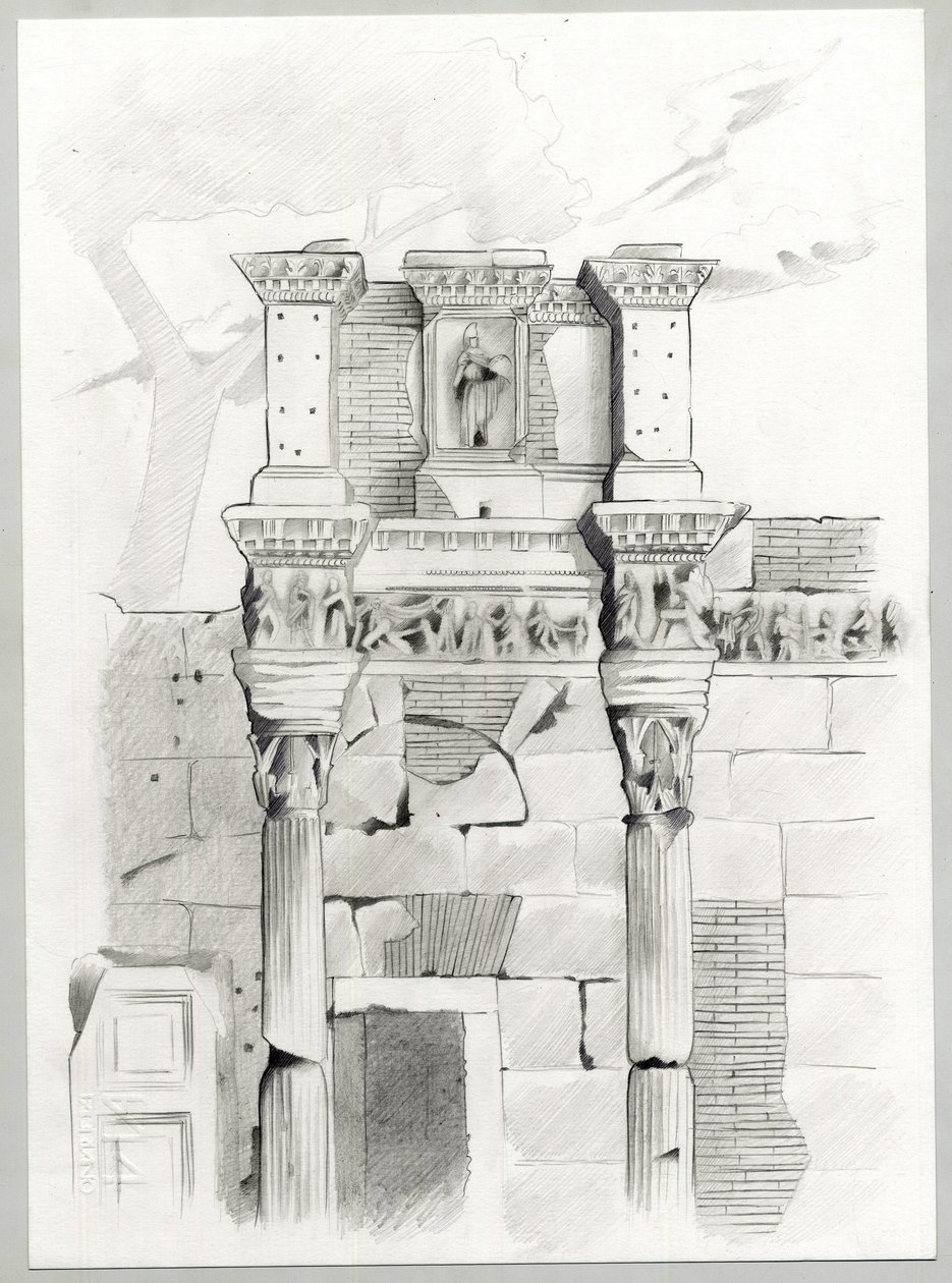 Ruiner av romertiden i Roma, Forum (foro romano) Tegning av Alessandro Lonati. av Alessandro Lonati