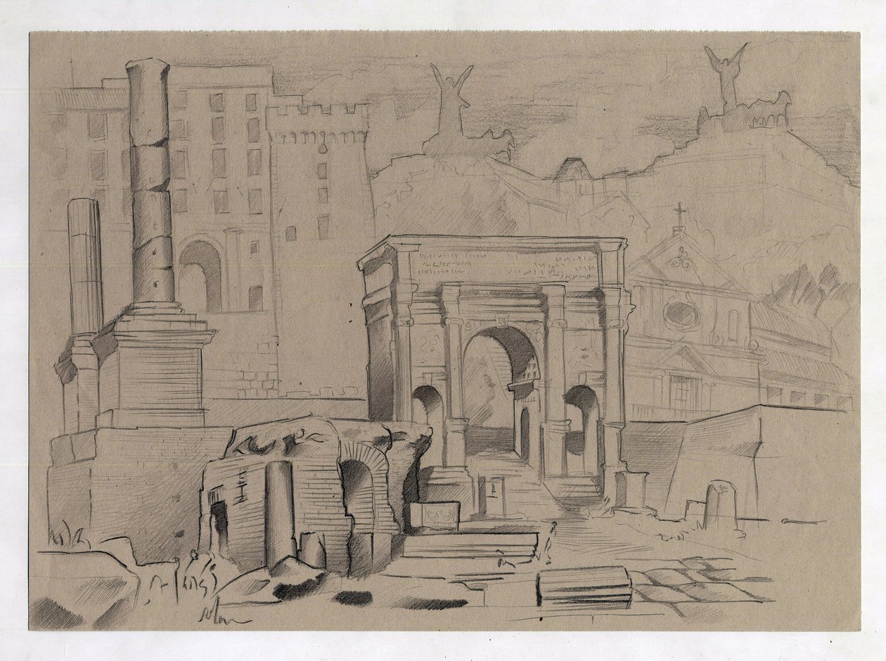 Ruiner av romertiden i Roma, Forum (foro romano) Tegning av Alessandro Lonati. av Alessandro Lonati