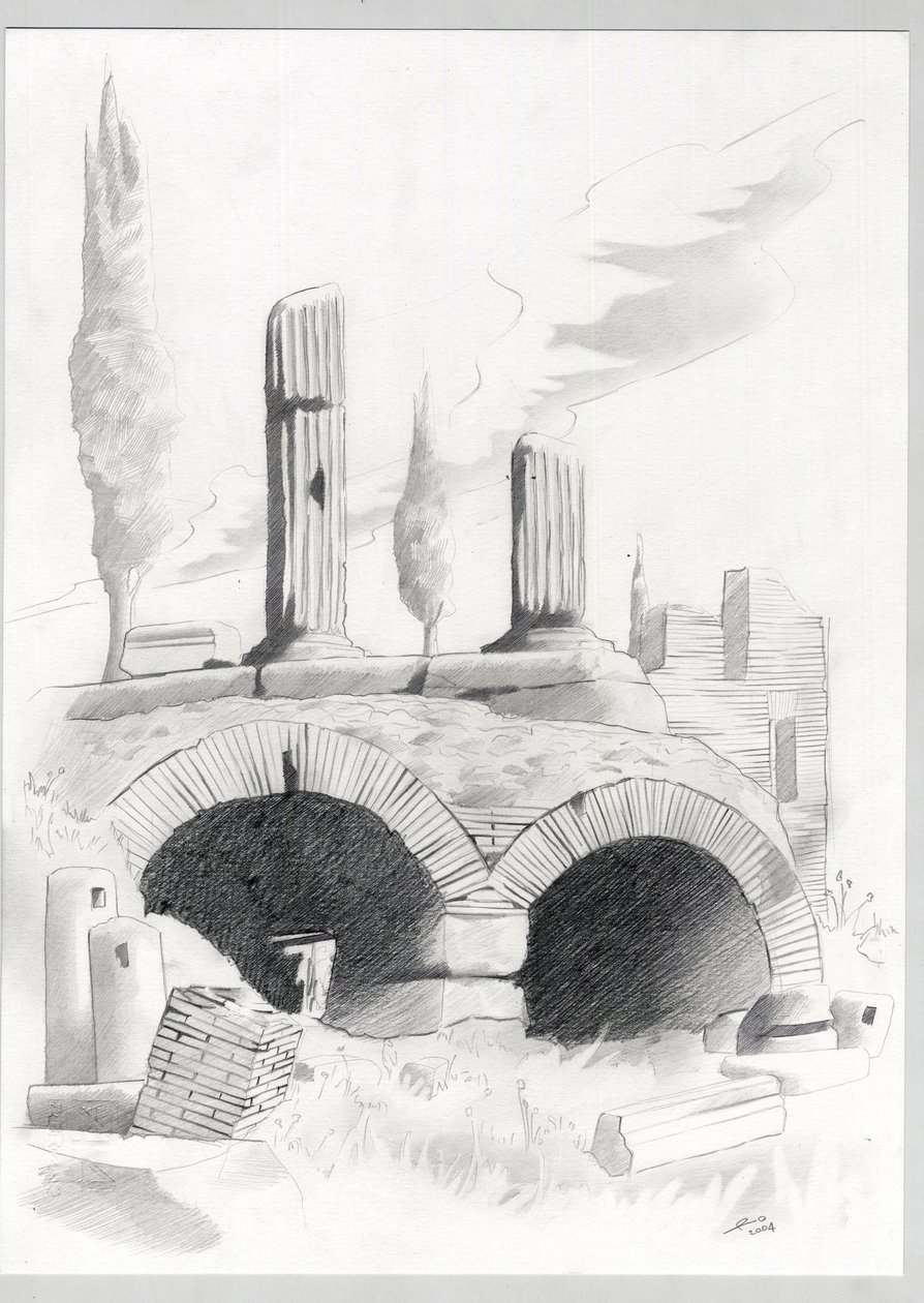 Ruiner av romertiden i Roma, Forum (foro romano) Tegning av Alessandro Lonati. av Alessandro Lonati