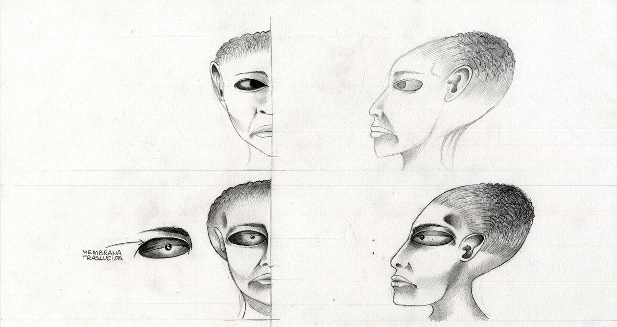 Science fiction-illustrasjon (science fiction): studie av ansiktet til et romvesen eller romvesen (romvesen eller romvesen) fra planeten Mars til erobringen av verdensrommet eller universet. Tegning av Alessandro Lonati av Alessandro Lonati