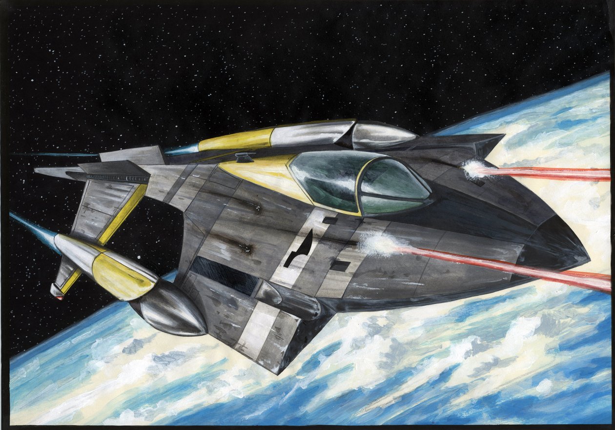 Science fiction-illustrasjon: Romskip med erobring av verdensrommet eller universet trekker laserstråler over planeten Jorden. Tegning av Alessandro Lonati av Alessandro Lonati