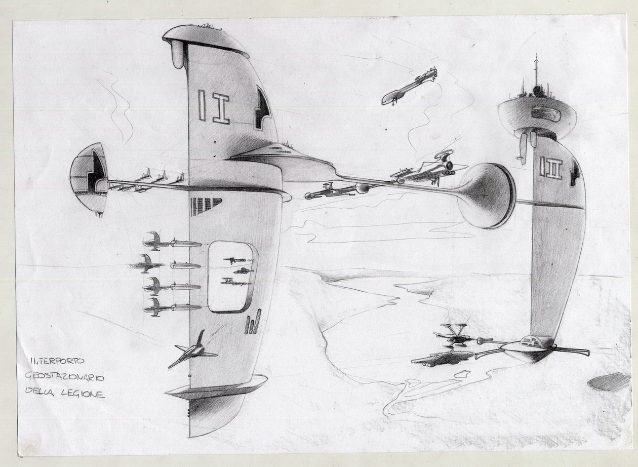 Science fiction-illustrasjon: rombase i universet med skip. Tegning av Alessandro Lonati av Alessandro Lonati