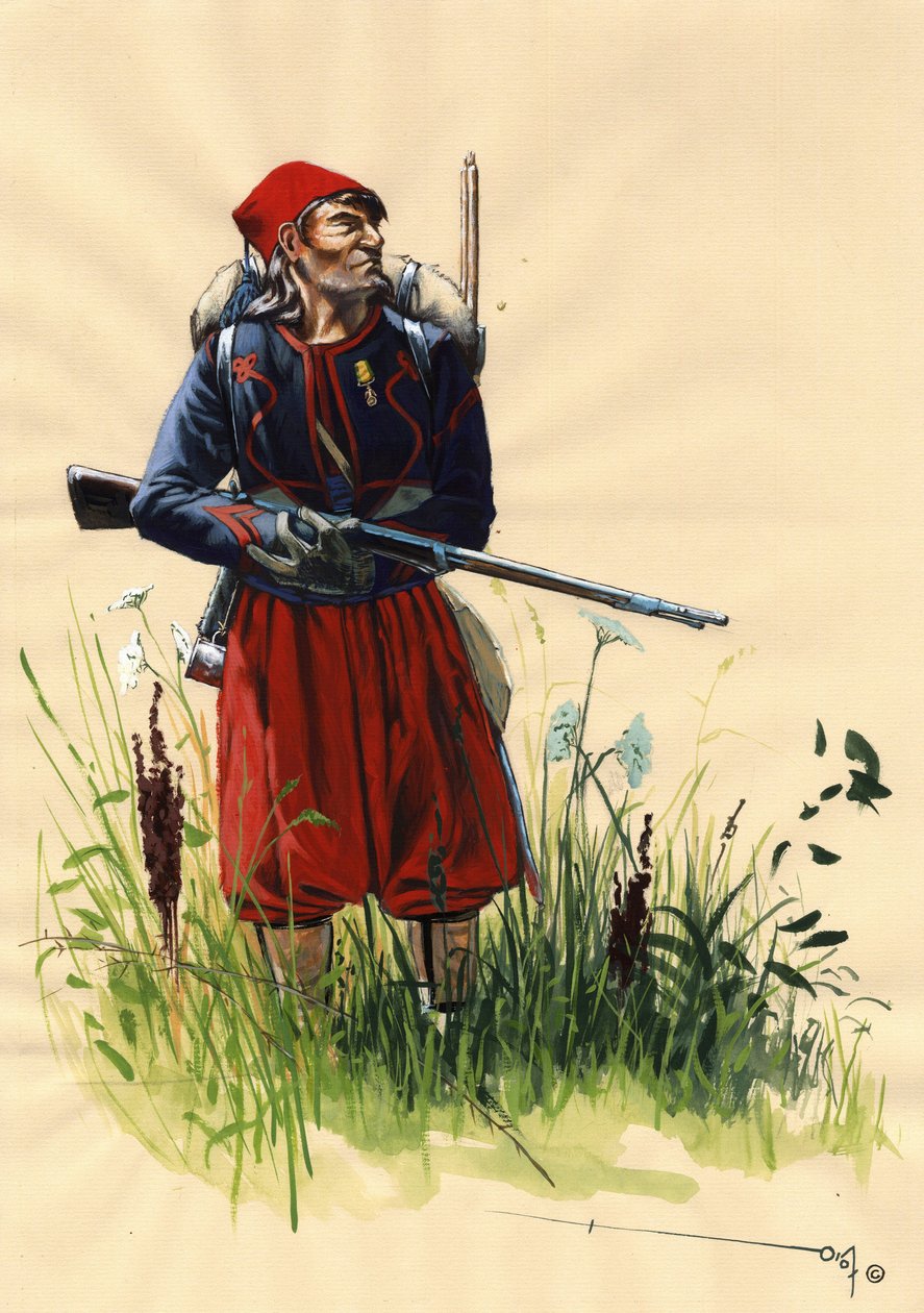 Second Empire (1852–1870): Zouave-soldat fra den franske hæren til Napoleon III under det italienske felttoget i 1859 (slaget ved Solferino 24. juni 1859 eller slaget ved Magenta 4. juni 1859). Tegning av Alessandro Lonati av Alessandro Lonati