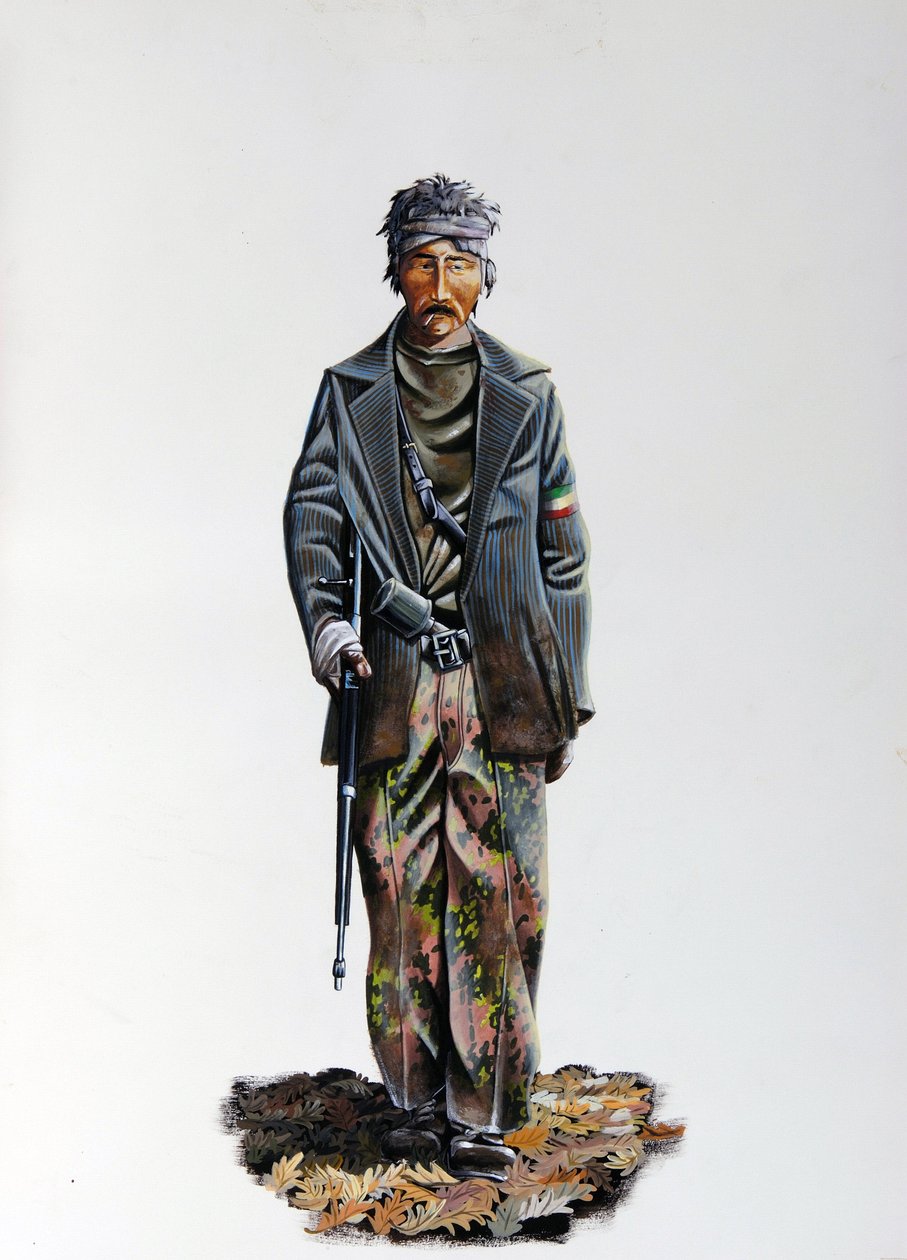 Andre verdenskrig: et medlem av den italienske motstanden (maquis eller gerilja, partisan) (Resistenza Italiana), iført en kamuflasjedrakt og våpen med maskingevær. 1943-1945. Illustrasjon av Alessandro Lonati av Alessandro Lonati
