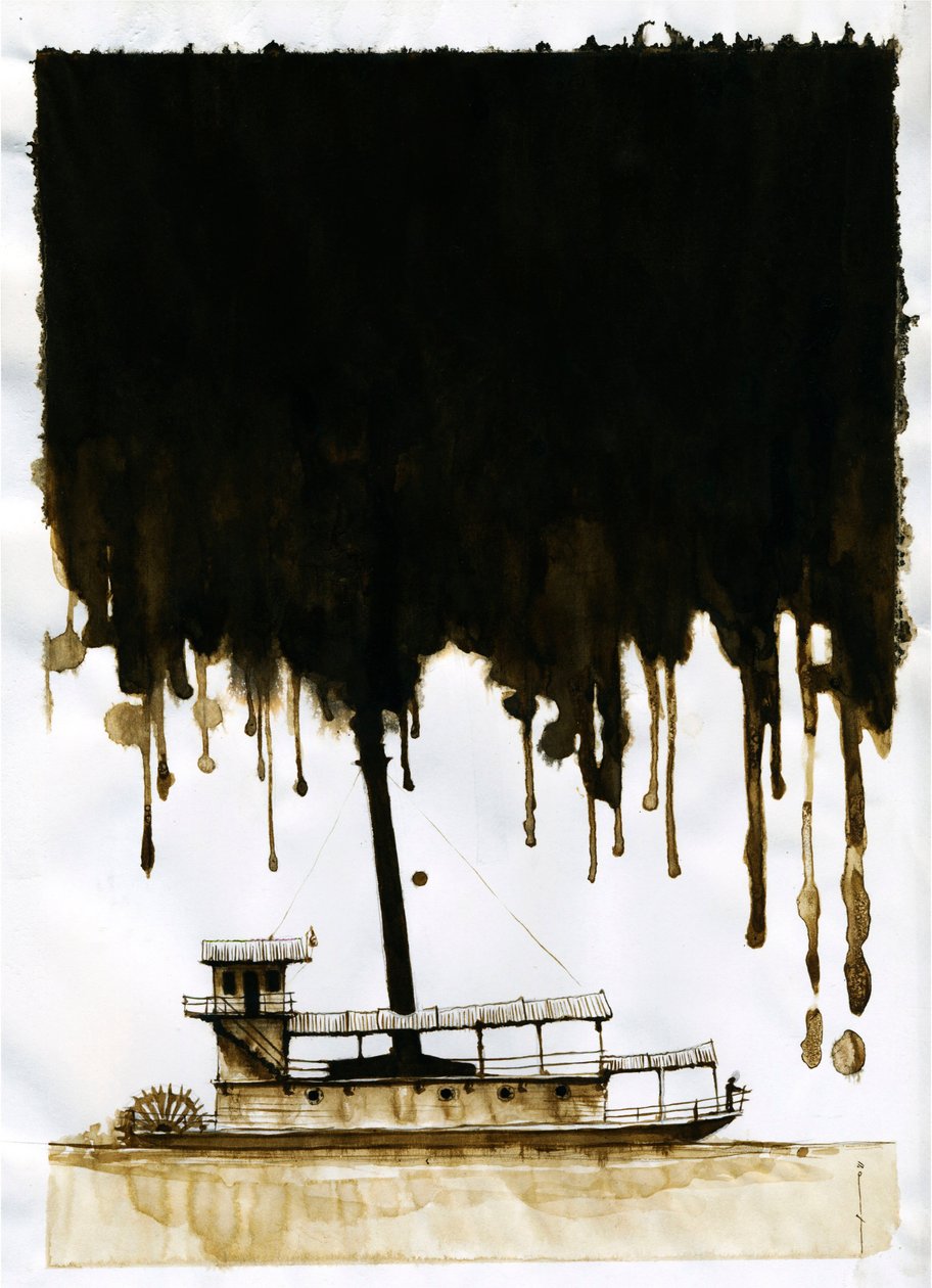 Dampskipsillustrasjon av den nye "" In the Heart of Darkness"" av Joseph Conrad. 2012 av Alessandro Lonati