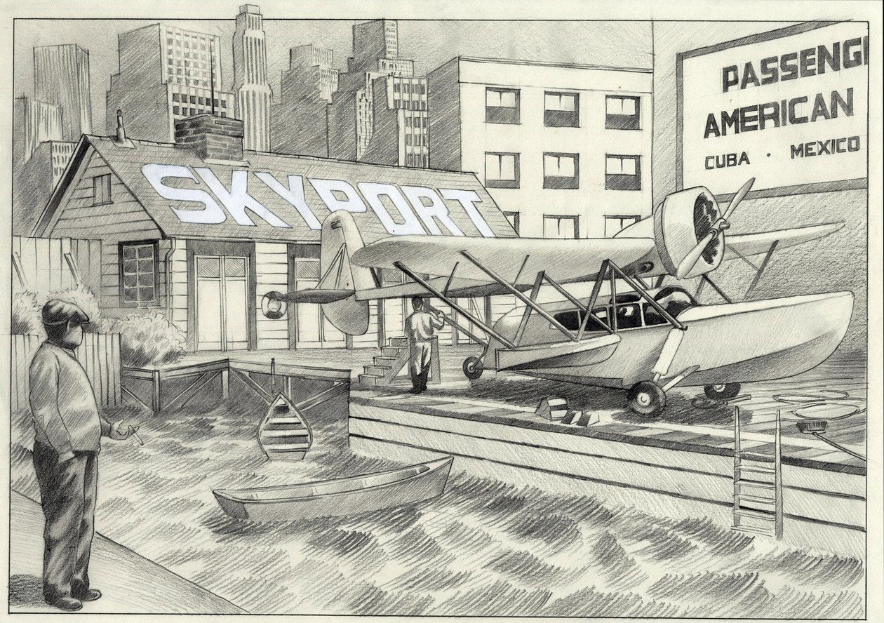USA, New York: utsikt over sjøflyplassen med et sjøfly som venter på dekolering på 1950-tallet. Tegning av Alessandro Lonati av Alessandro Lonati
