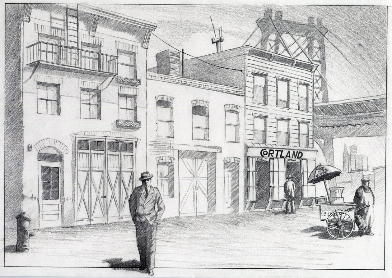 USA, New York: utsikt over en gate fra et nabolag i byen på 1950-tallet. Tegning av Alessandro Lonati av Alessandro Lonati