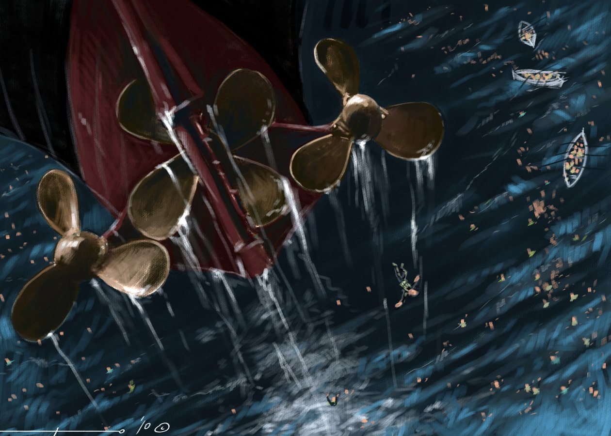 Utsikt over heliksene til det transatlantiske ruteskipet Titanic ved forliset 14. og 15. april 1912. Illustrasjon av Alesandro Lonati. 2010 av Alessandro Lonati