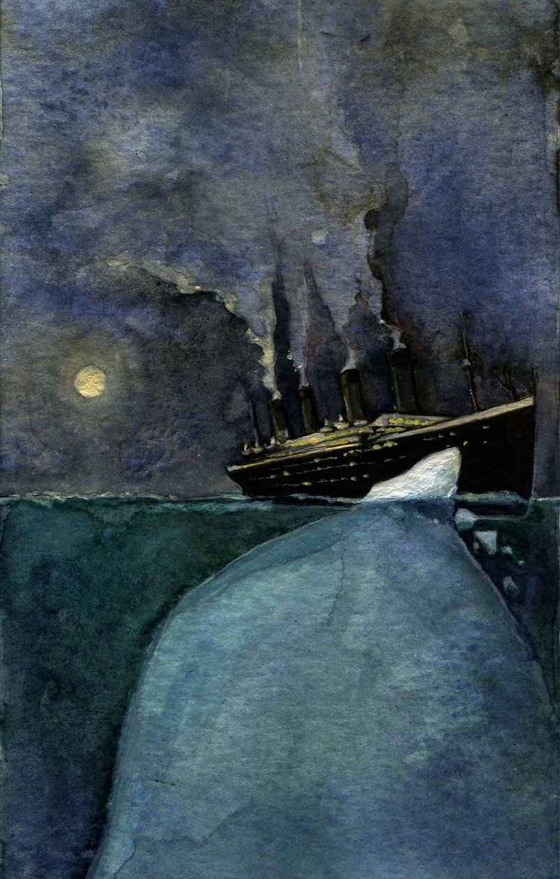 Utsikt over den transatlantiske rutebåten Titanic på tidspunktet for forliset 14. og 15. april 1912, forårsaket av kollisjonen med et isfjell. Illustrasjon av Alessandro Lonati. 2011 av Alessandro Lonati