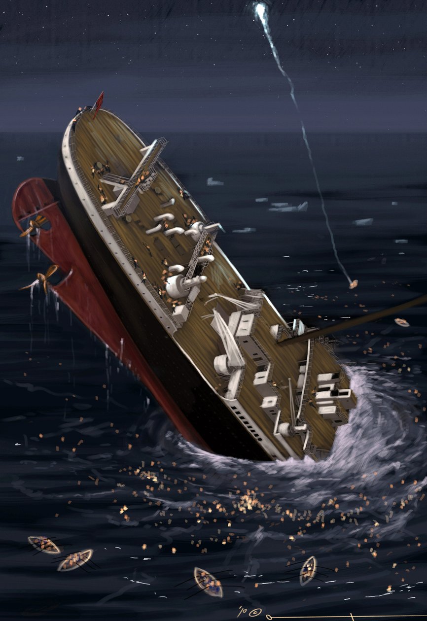 Utsikt over det transatlantiske ruteskipet Titanic på tidspunktet for forliset 14. og 15. april 1912. Illustrasjon av Alesandro Lonati. 2010 av Alessandro Lonati