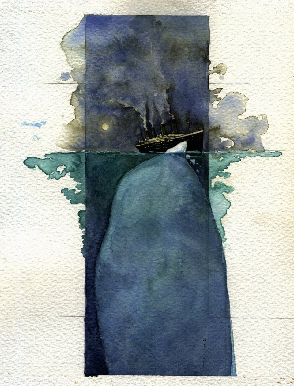 Utsikt over den transatlantiske rutebåten Titanic på tidspunktet for forliset 14. og 15. april 1912, forårsaket av kollisjonen med et isfjell. Illustrasjon av Alessandro Lonati. 2011 av Alessandro Lonati