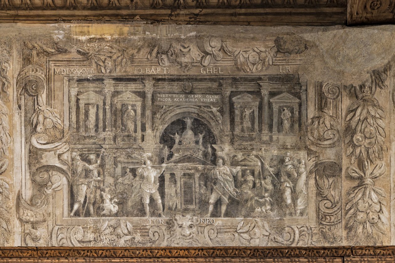 Teaterproduksjoner kuratert av akademiet, Hall of the vestibule (monokrom fresco) av Alessandro Maganza