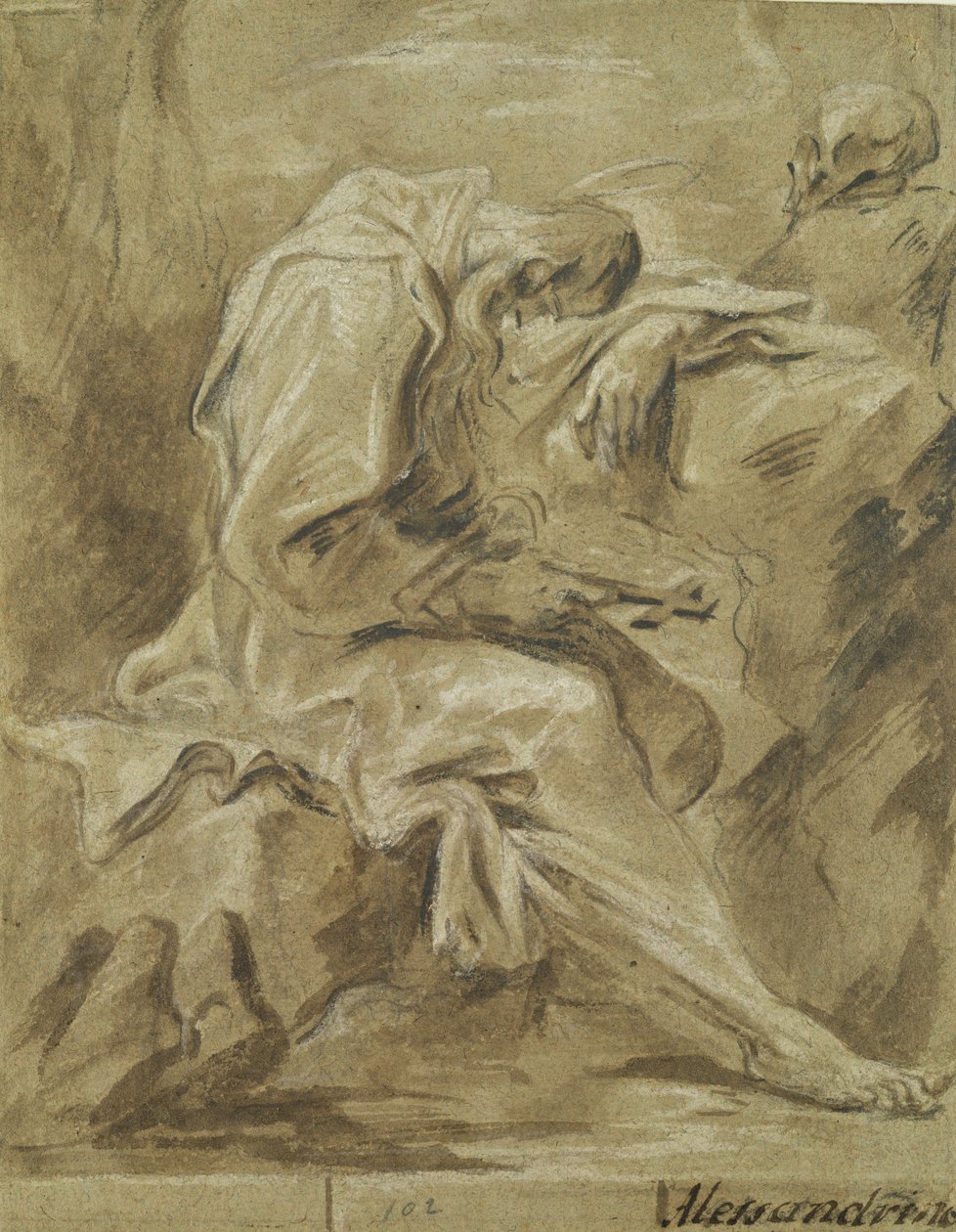 Eremitt (rødt kritt, blekk og olje på papir) av Alessandro Magnasco