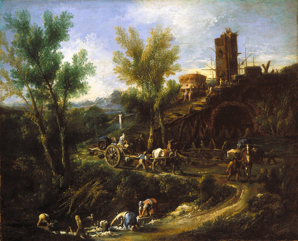 Landskap med sigøynere og vaskekvinner (olje på lerret) av Alessandro Magnasco