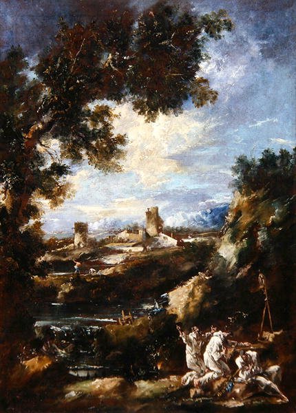 Landskap med karmelittbrødre som ber ved en helligdom ved veikanten, ca. 1720 (olje på lerret) av Alessandro Magnasco