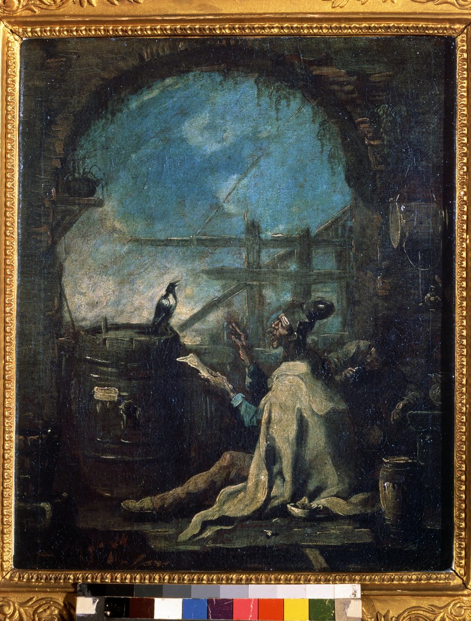 ""En klovn som lærer en magpie"" (En klovn som trener en skjære) En sirkusmann som lærer tall til en skjære. Maleri av Alessandro Magnasco (1667-1749) Pushkin-museet fra 1700-tallet, Moskva av Alessandro Magnasco