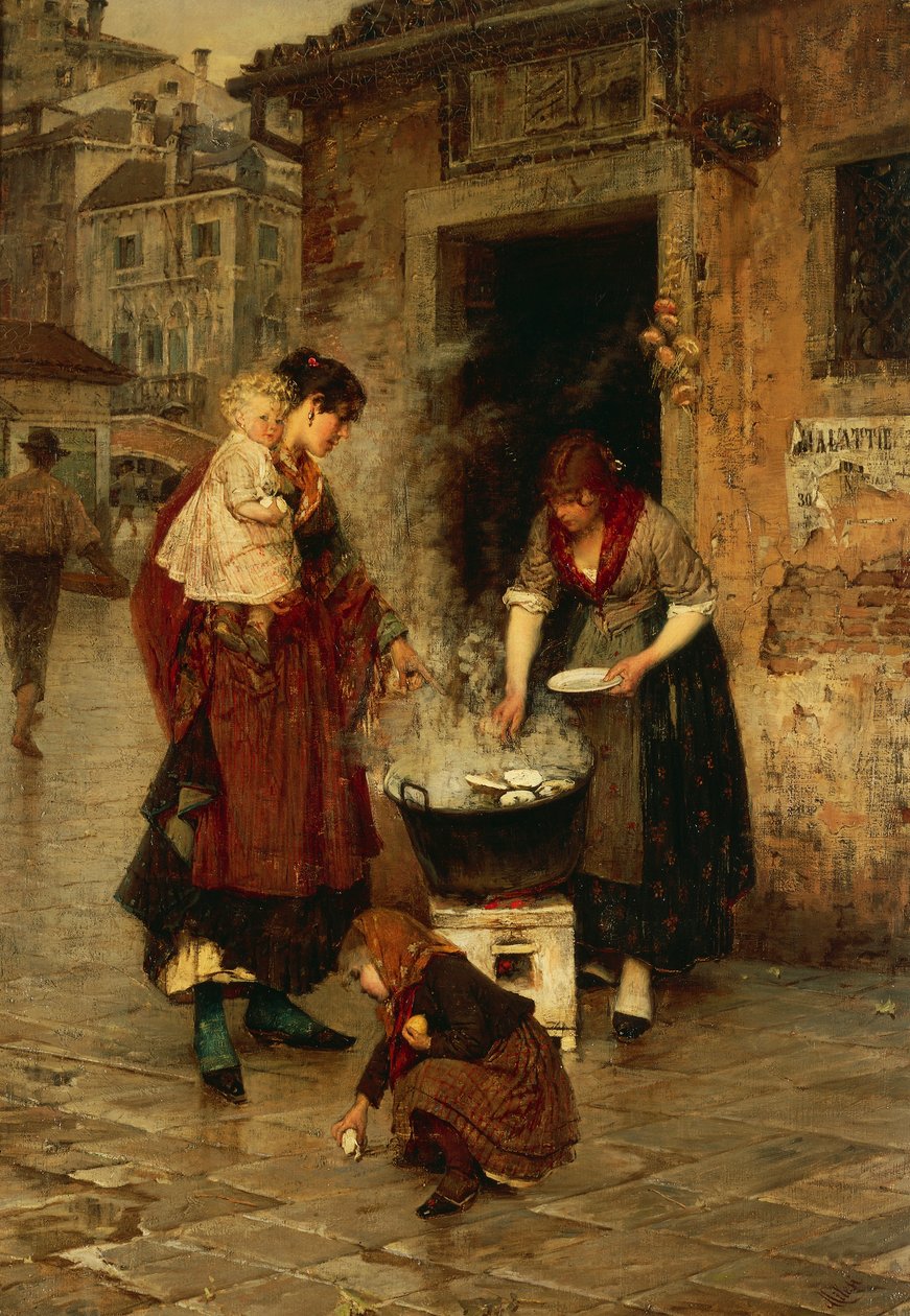 Muslingselger i Venezia, av Alessandro Milesi (1856-1945), olje på lerret, 91x65 cm. Italia, 1900-tallet. av Alessandro Milesi